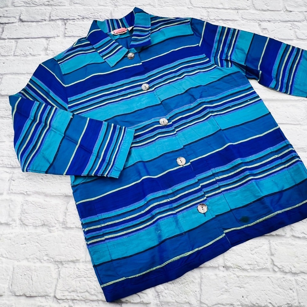 Chicos Design Size 1 / S Silk Embroidered Striped Jacket Shirt Top Women's Blue